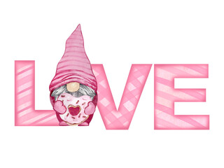 Watercolor inscription Love with a gnome