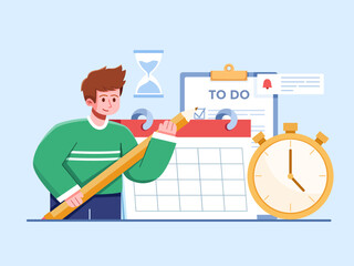 A man organizes his work schedule, ensuring tasks are properly planned. 
People Managing Work Tasks.
Managing Time to Boost Productivity and Reach Goals.
Can be used for web, presentation, infographic