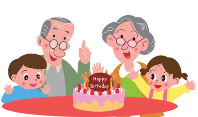 誕生日を祝う老夫婦と子供たち

