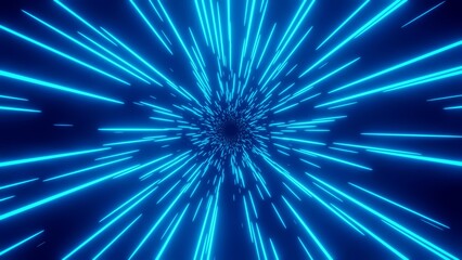 Fototapeta na wymiar Hyper-speed neon light. Retro blue neon hyper warp. Sci-fi speed of light in galaxy. Time travel hyper jump. 3d illustration.
