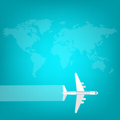 Naklejka na ściany i meble Passenger airplane flight with a world map background. 