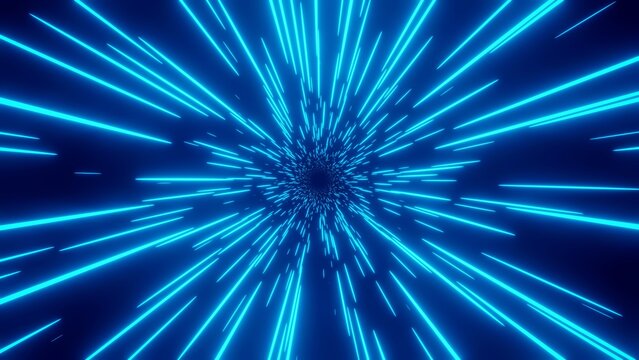 Hyper-speed neon light. Retro blue neon hyper warp. Sci-fi speed of light in galaxy. Time travel hyper jump. 3d illustration.