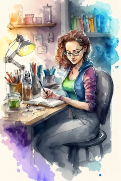 watercolor painting of a female student writing at a desk,  created with generative ai