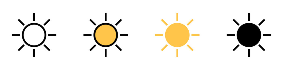 Sun icon set with different styles. Sunny weather and brightness control icons. Vectors.