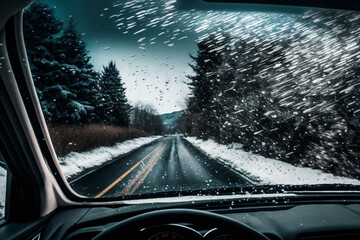 Car moving on snowy road seen through windshield 