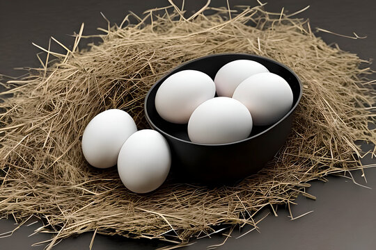 AI generated image of four white chicken eggs in a bowl surrounded with straw
