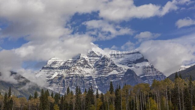 Timelapse of clouds moving over Mount Robson in the Rocky Mountains, British Columbia Canada