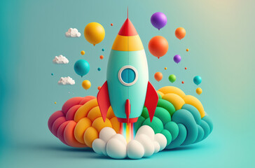 A colorful childish rocket with balloons, ready for liftoff with isolated on light blue background. Generative AI