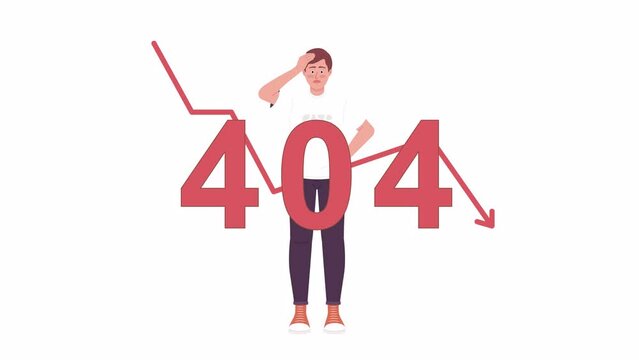 Animated 404 error stock investor. Prices falling. Stock market crash. 4K video footage. Concept animation. Looped 2D cartoon flat character on white with alpha channel transparency for web design