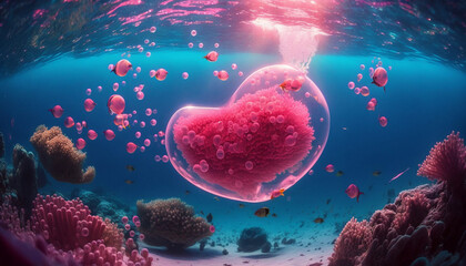 Fototapeta na wymiar floating pink love shape bubble under sea with blue bright light background