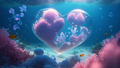floating pink love shape bubble under sea with blue bright light background