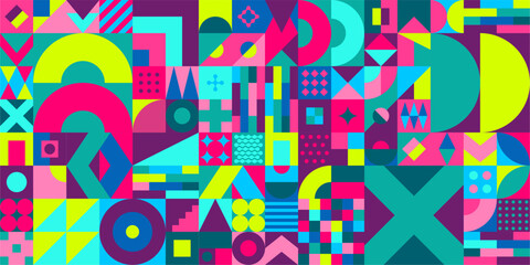 Trendy Colorful Seamless Abstract Vector Bauhaus Geometric Pattern Design Background 