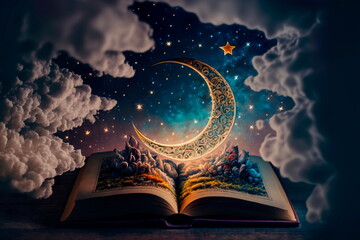 Obraz premium Fairy tale book against the background of the night sky with the moon Generative AI