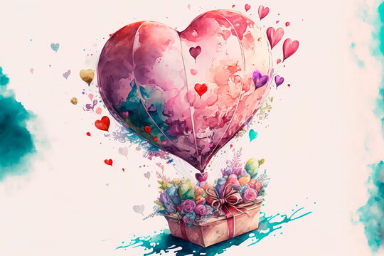 Valentine's day romantic love card. Watercolor heart  Generative AI