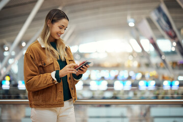 Phone, travel and woman with passport at airport lobby for.social media, internet browsing or web scrolling. Vacation, mobile technology and female with smartphone and ticket for global traveling.