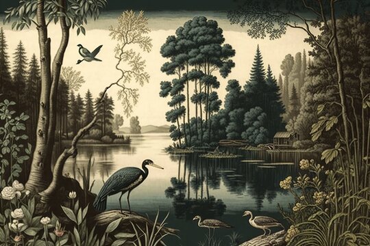 Vintage wallpaper of forest landscape with lake, plants, trees, birds, herons, butterflies and insects