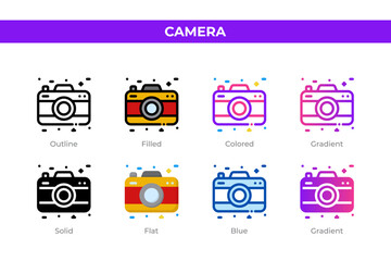Camera icons in different style. Camera icons set. Holiday symbol. Different style icons set. Vector illustration