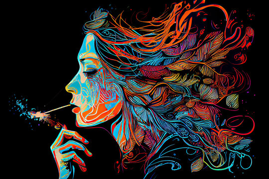 Colourful psychedelic line art with the abstract smoking woman