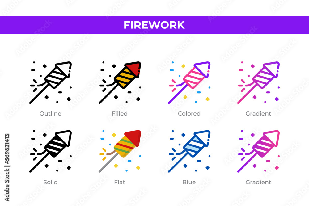 Poster firework icons in different style. firework icons set. holiday symbol. different style icons set. ve