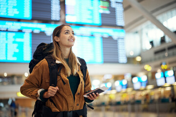 Travel, airport and excited woman with passport. travel ticket and documents for immigration, journey and flight schedule. Backpack person with identity document search for international registration - obrazy, fototapety, plakaty