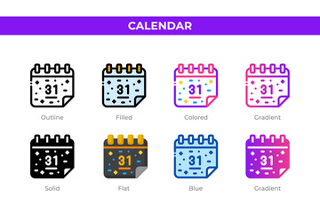 Calendar icons in different style. Calendar icons set. Holiday symbol. Different style icons set. Vector illustration