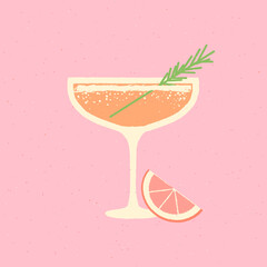 Martini dessert glass. Cocktail drink glass with rosemary and grapefruit. Bellini drink for event and bar. Flat vector illustration with texture. Minimalist retro drink poster