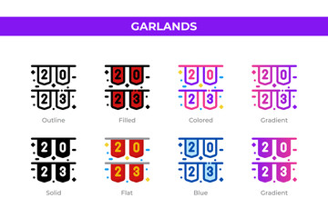 Garlands icons in different style. Garlands icons set. Holiday symbol. Different style icons set. Vector illustration