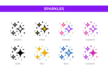 Sparkles icons in different style. Sparkles icons set. Holiday symbol. Different style icons set. Vector illustration