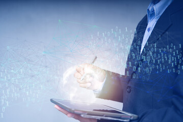 Blockchain technology and blockchain network business banner ideas Global cryptocurrency blockchain title. Blockchain title side view with 0's and 1's flying on top. image of investors