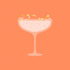 Champagne dessert glass. Alcohol drink with flowers. Rose wine for wedding and celebration. Martini for event. Flat vector illustration with texture. Minimalist drink poster