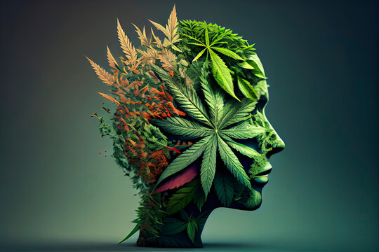 Marijuana head and cannabis consumer symbol as a human face made of weed leaves