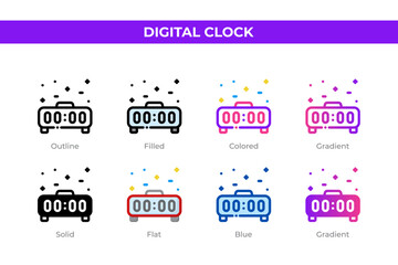 Digital clock icons in different style. Digital clock icons set. Holiday symbol. Different style icons set. Vector illustration