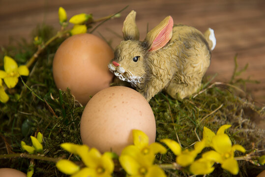 Close-up of an Easter bunny with Easter eggs, Munich, Bavaria, Germany