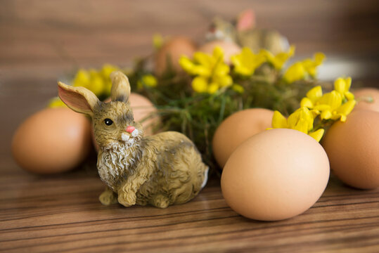 Close-up of an Easter bunny with Easter eggs, Munich, Bavaria, Germany
