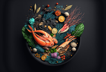 Illustration of fresh fish and seafood arrangement on black background. Generative AI