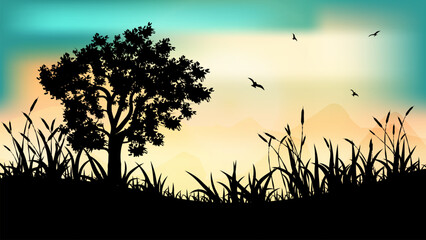 Landscape silhouette with a tree at sunset background vector illustration