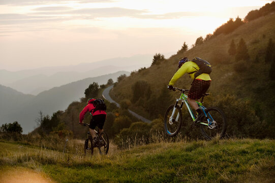 two mountain bikers on the way, Kolovrat, Istria, Slovenia