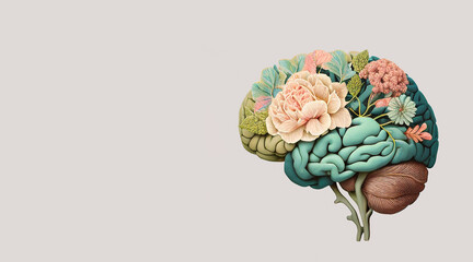 Human brain with flowers, self care and mental health concept, positive attidude , creative mind, generative AI
 - obrazy, fototapety, plakaty