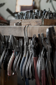 Various pliers hanging in workshop, Bavaria, Germany