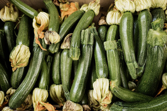 Heap of green courgettes for sale at market, Puglia, Italy