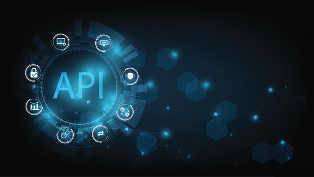 Application Programming Interface (API) on blue background. Software development tool, information technology, modern technology, internet.	
