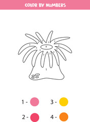 Color cute pink actinia by numbers. Worksheet for kids.