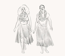 Fototapeta na wymiar Hand-drawn sketch of Hula Skirt couple 