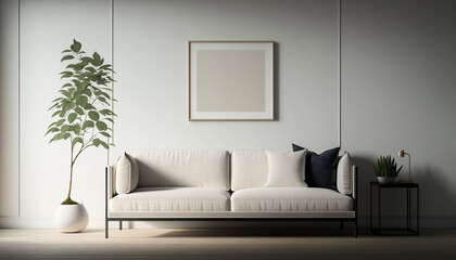 minimalist living room with poster mock up on top of sofa. generative ai