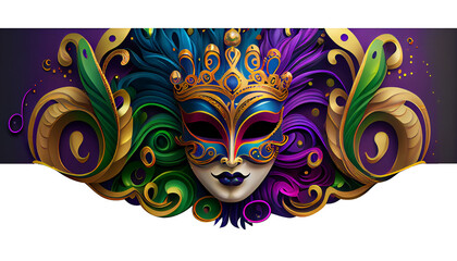 Colorful festive Grouping of mardi gras, venetian or carnivale mask, feathers, beads, ribbons and confetti. Party design for banner, poster, template, flyer and invitation. Generative AI - obrazy, fototapety, plakaty