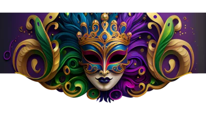 Gordijnen Colorful festive Grouping of mardi gras, venetian or carnivale mask, feathers, beads, ribbons and confetti. Party design for banner, poster, template, flyer and invitation. Generative AI © Artyom