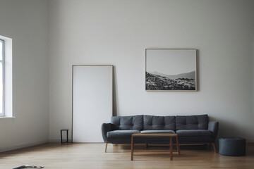 grey sofa, table and landscape in living room. generative ai