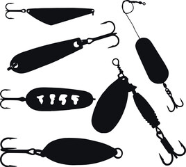 Fishing baits set silhouette, Set of Various Fishing Lures, SVG Vector