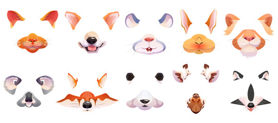 Cartoon set of face filter with cute animal masks for selfie photo or video chat. Ears and nose of cat, dog, fox, raccoon, rabbit, lion, koala, mouse and giraffe for mobile phone app or social content
