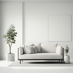 minimalist living room, white sofa and plant. generative ai